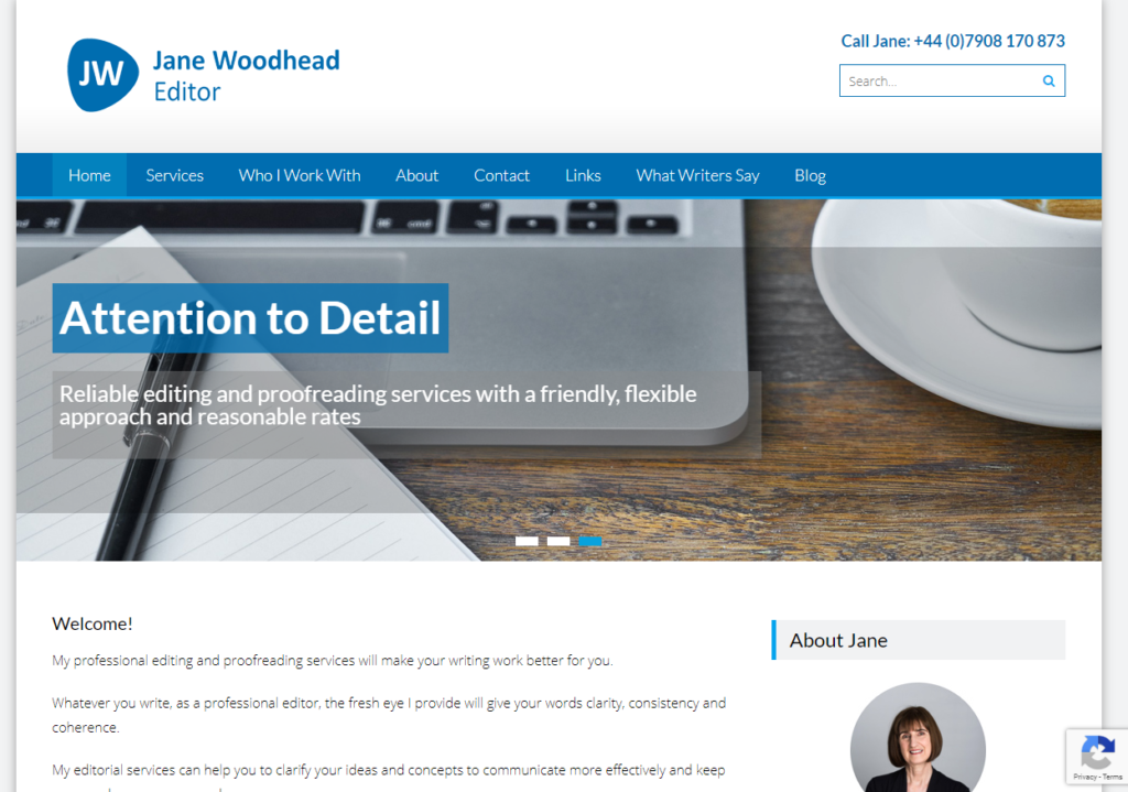 Jane Woodhead Editor website - built in WordPress