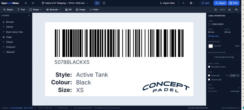 The completed label design showing barcode, product information and Concept Padel branding.