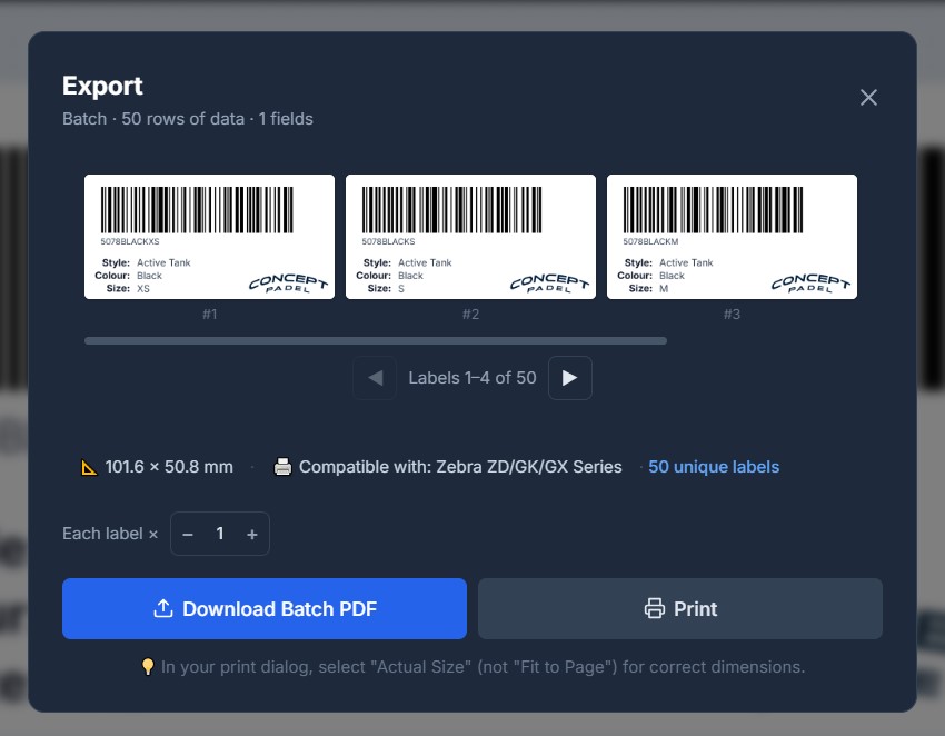 Generating the PDF containing labels ready for printing on the Zebra printer.