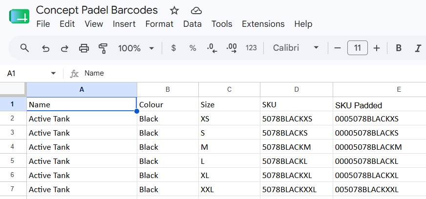 Product data exported from Shopify and prepared in Google Sheets ready for import into OpenLabelMaker.