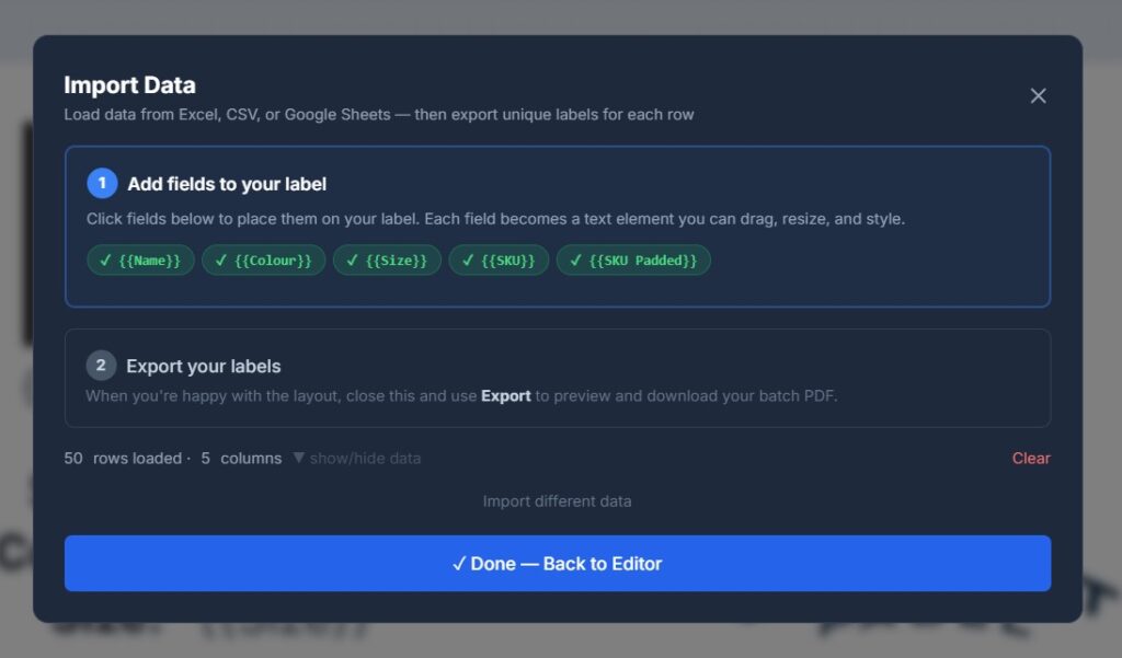 Building the Concept Padel label template using dynamic fields linked directly to the Google Sheet.
